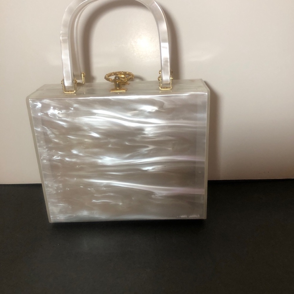 Statecraft Pearlescent Box Clutch with Acrylic Handle. Excellent condition.